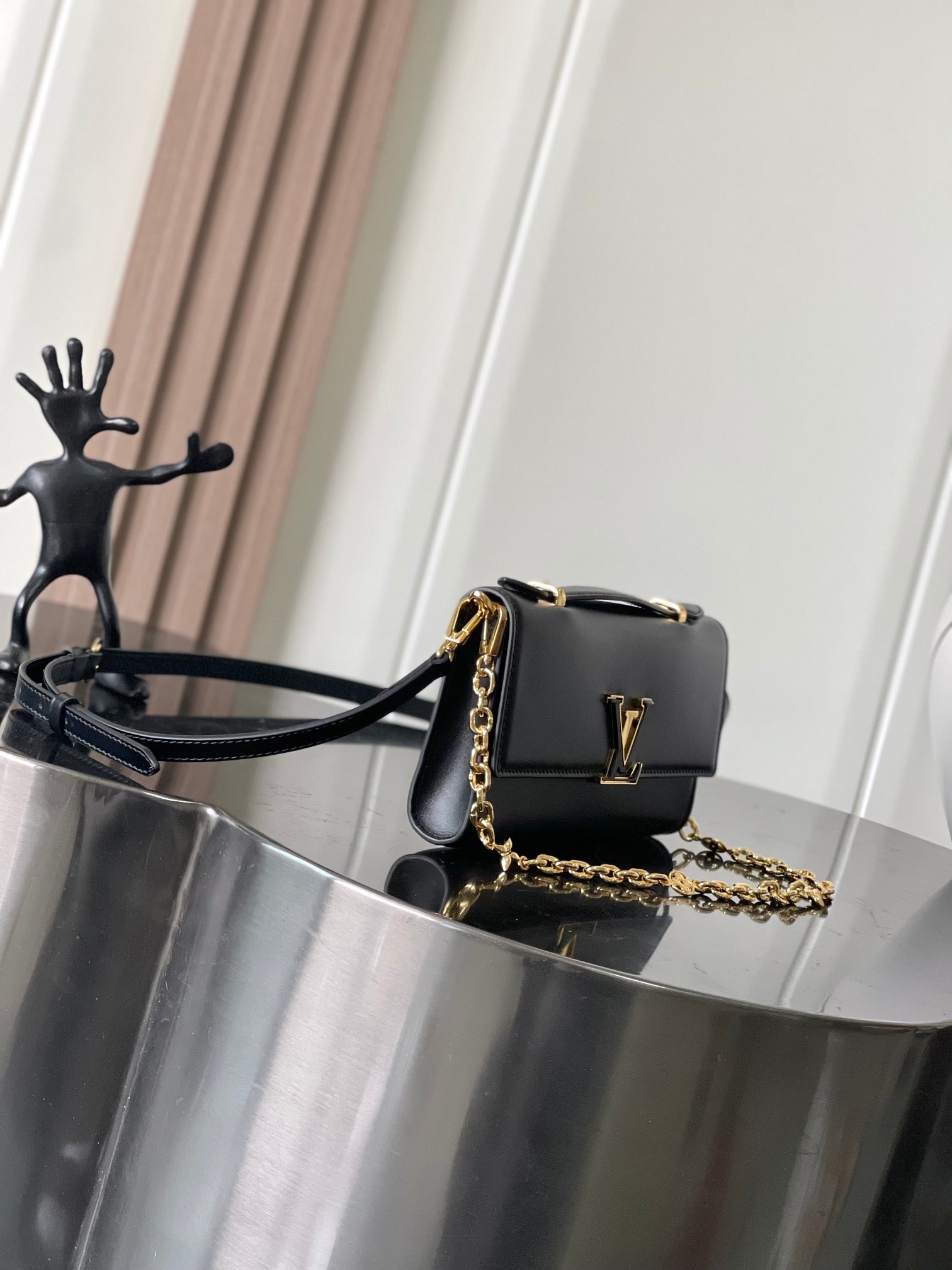 Capucines Wallet On Chain in Black Leather with Gold Chain