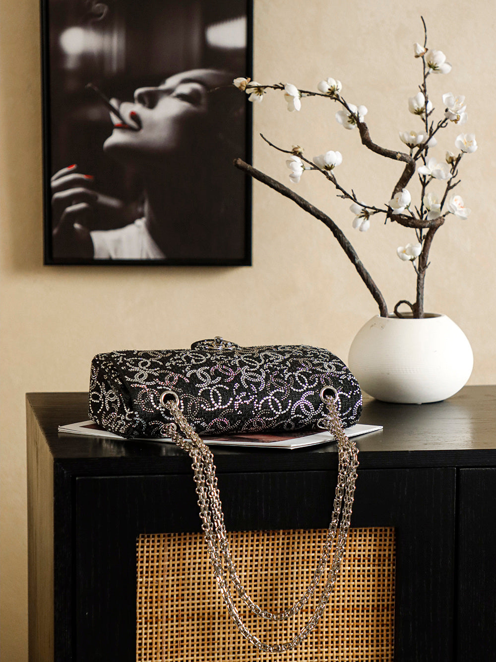 Crystal-Embellished Classic Flap Chain Shoulder Bag