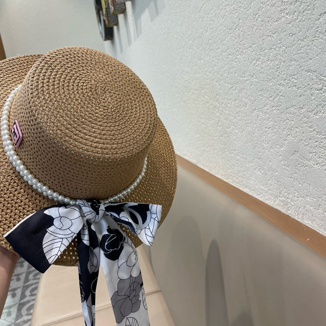 Woven Straw Hat with Pearl Band and Silk Bow Detail