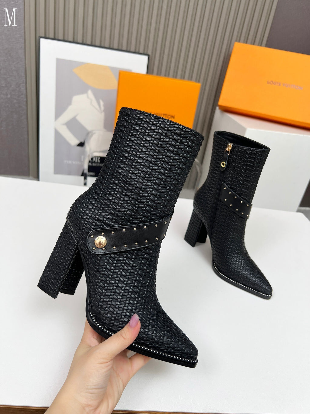 Knit & Leather Block Heel Ankle Boots