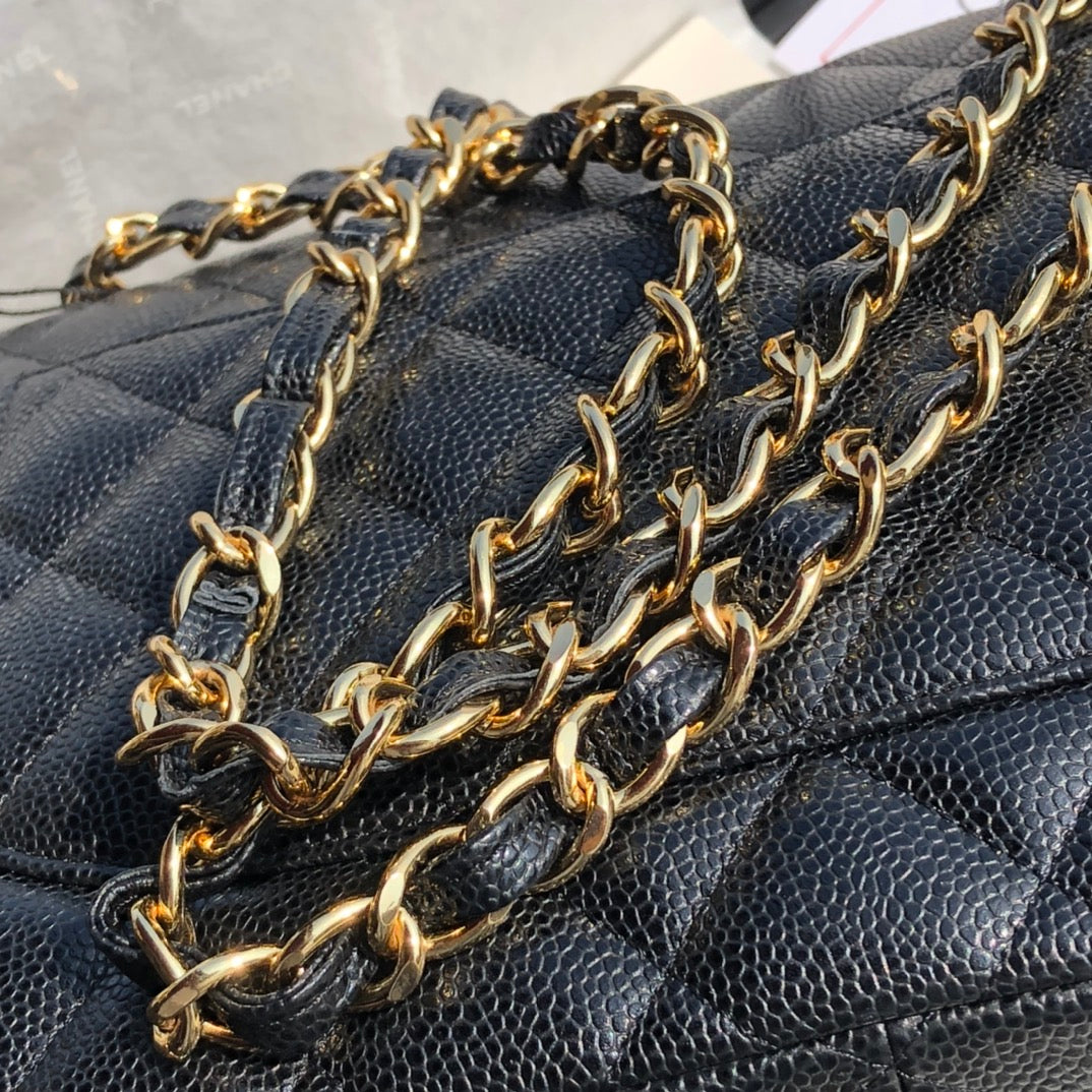 3.55 Large Caviar Leather Classic Double Flap Bag - Gold hardware