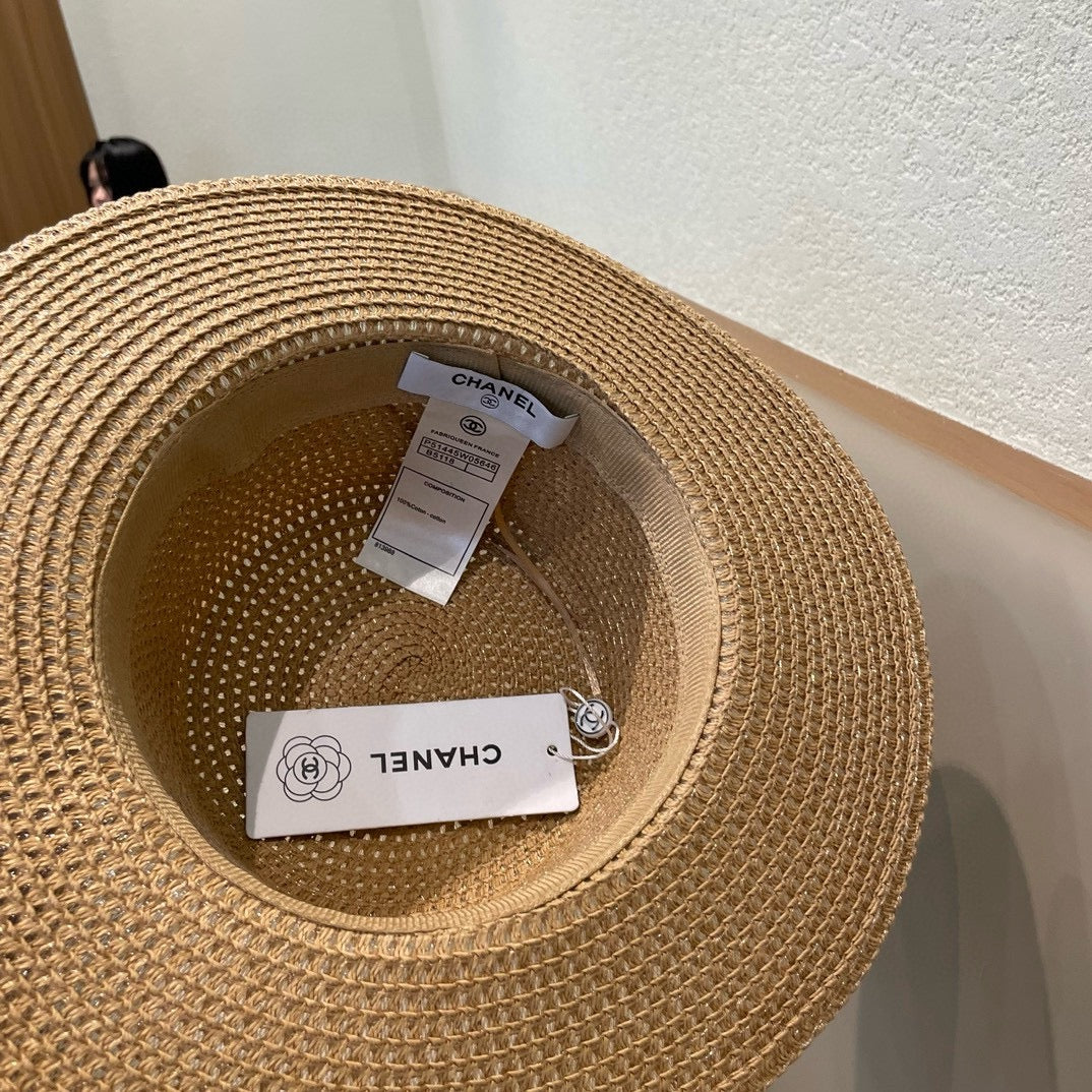 Woven Straw Hat with Pearl Band and Silk Bow Detail