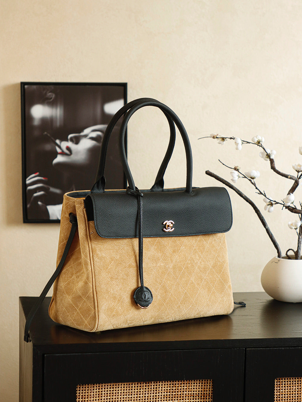 Suede & Leather Boston Top Handle Bag