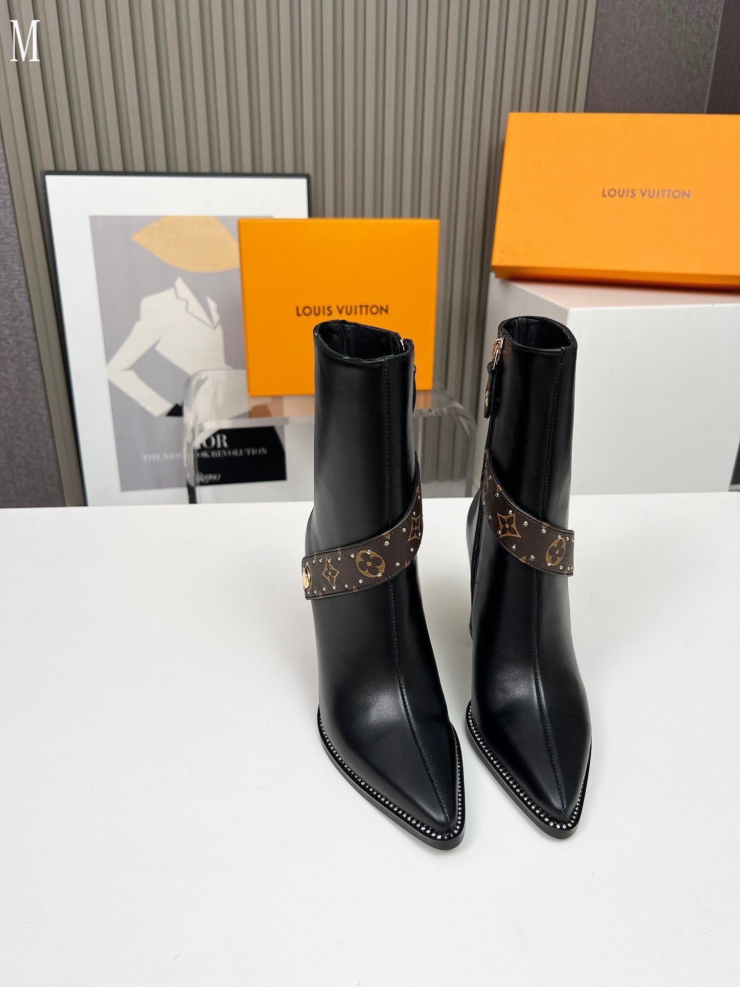 Monogram Chain Detail Knit & Leather Mid-Calf Boots