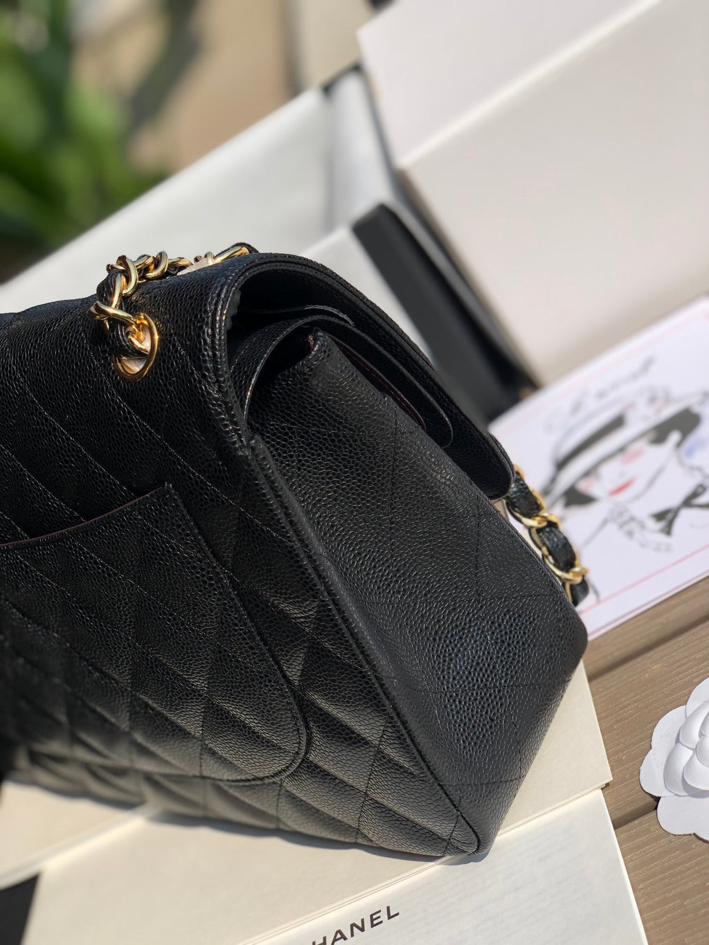 3.55 Large Caviar Leather Classic Double Flap Bag - Gold hardware