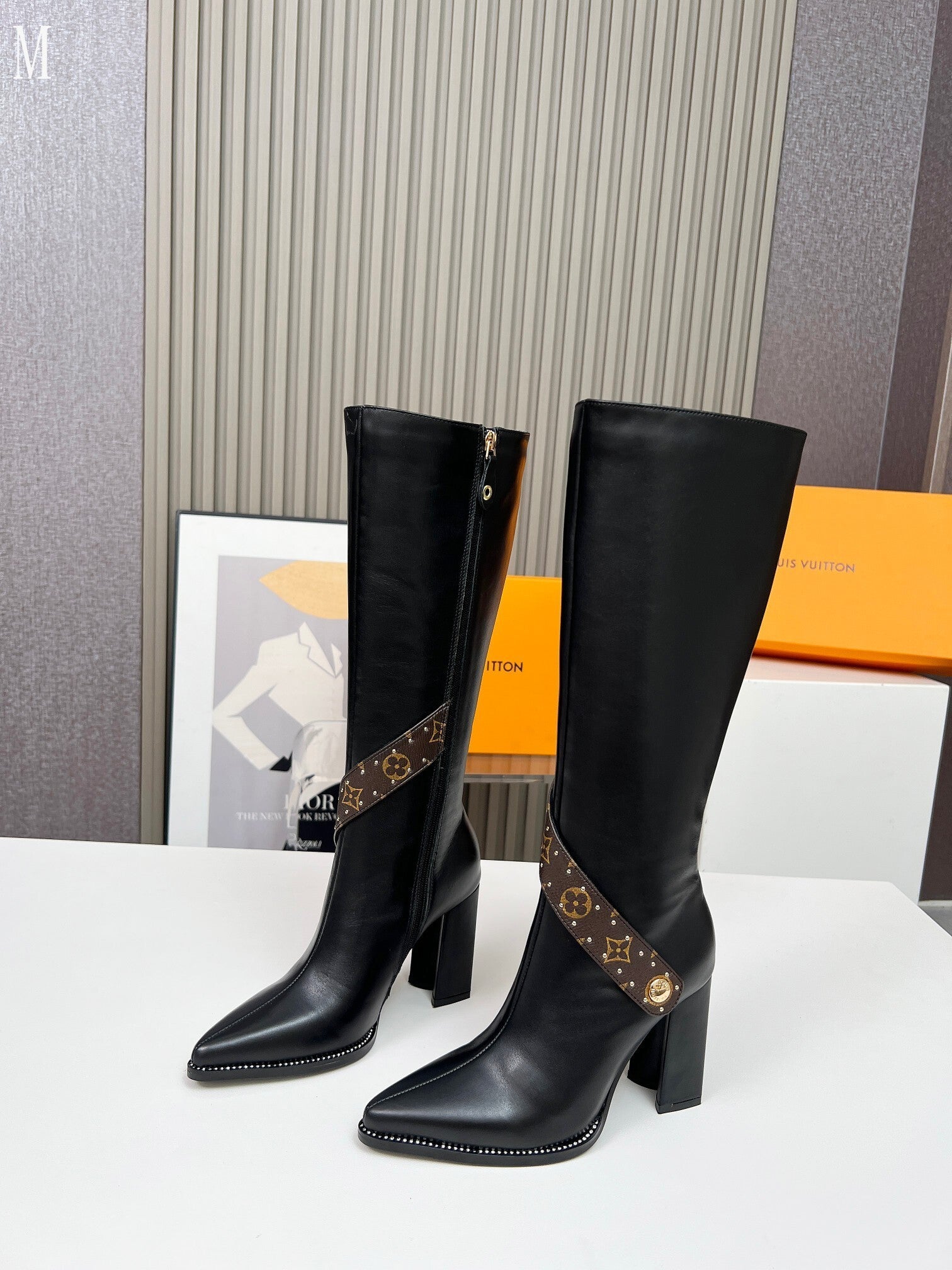 Leather & Knit Chain Detail Knee-High Boots