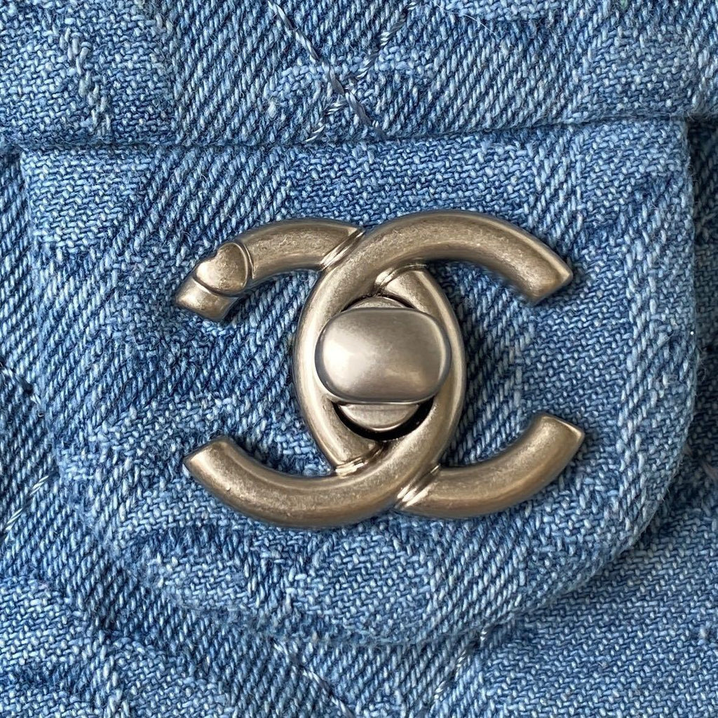 Denim Flap Bag with Silver-Tone Chain