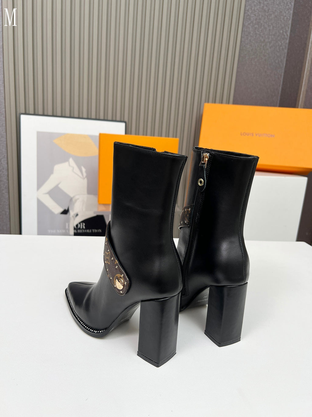 Monogram Chain Detail Knit & Leather Mid-Calf Boots