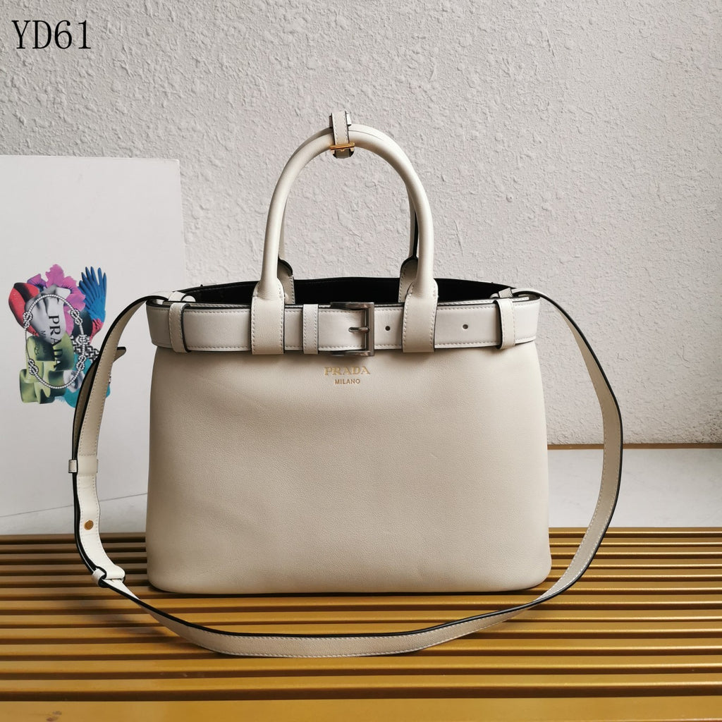 Buckle Belted Medium Leather Tote Bag