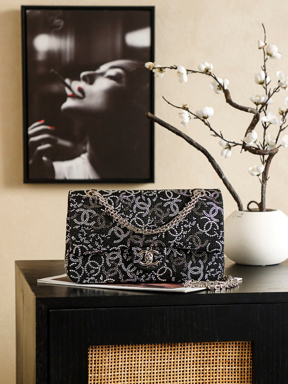 Crystal-Embellished Classic Flap Chain Shoulder Bag