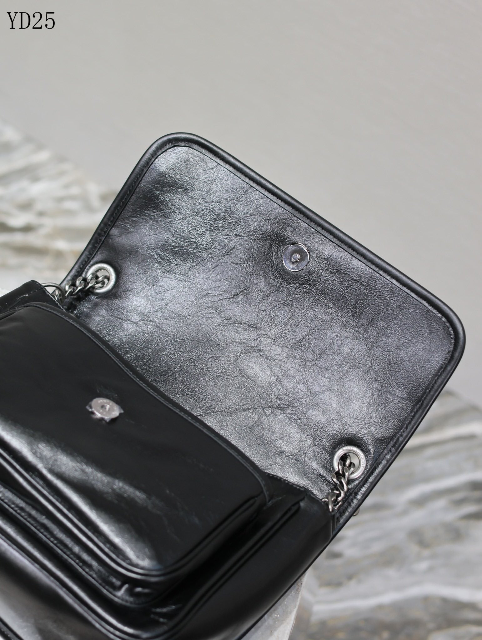 Niki Shoulder Bag - Black Crinkle Leather with Gunmetal Chain