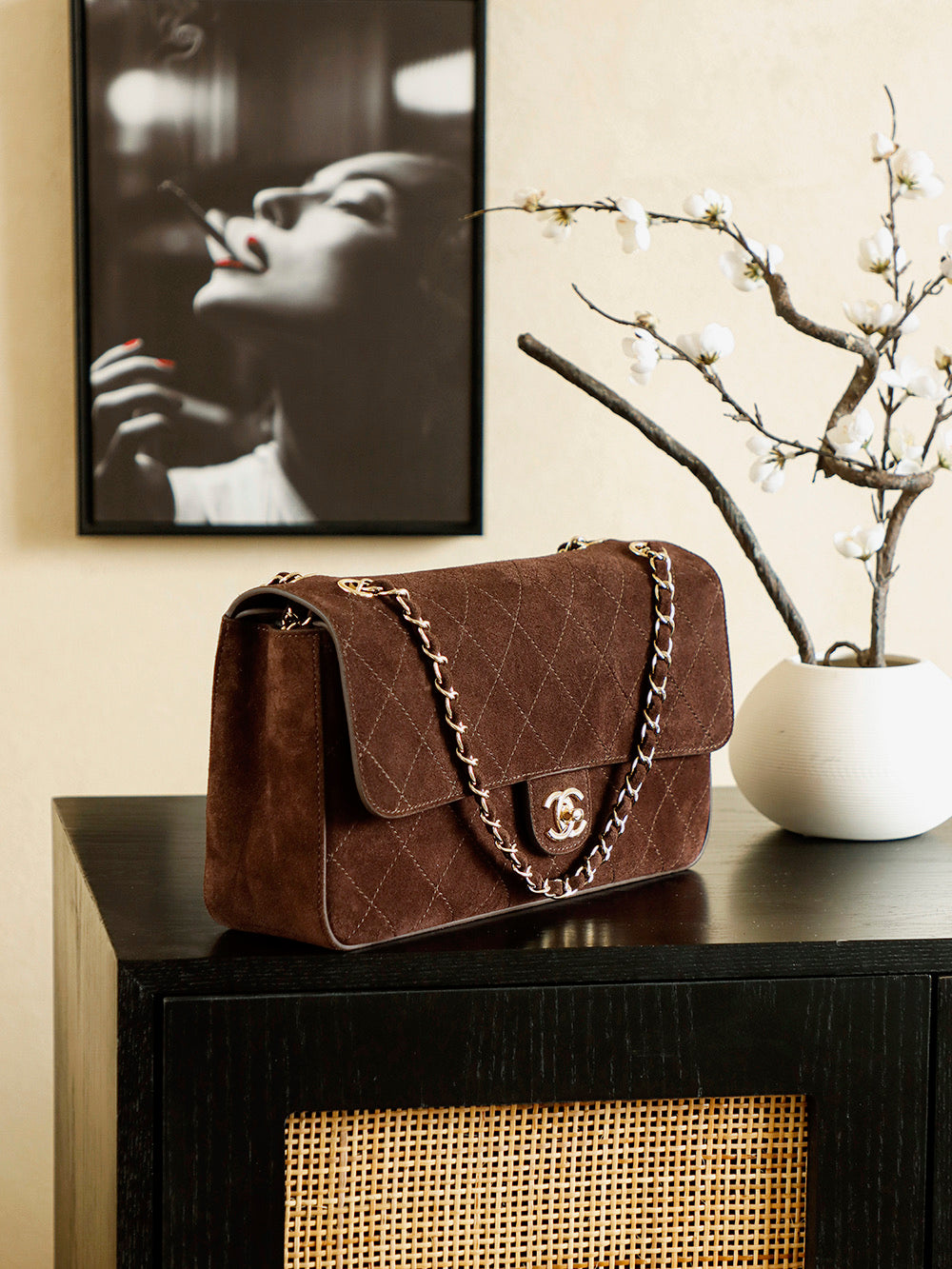 Quilted Suede Chain Shoulder Bag