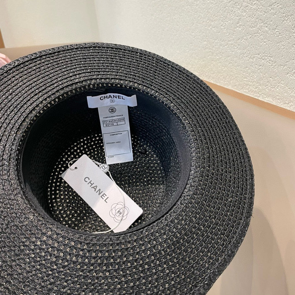 Woven Straw Hat with Pearl Band and Silk Bow Detail