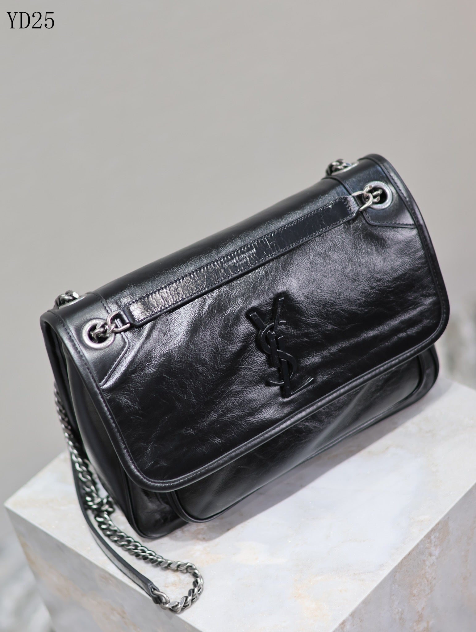 Niki Shoulder Bag - Black Crinkle Leather with Gunmetal Chain