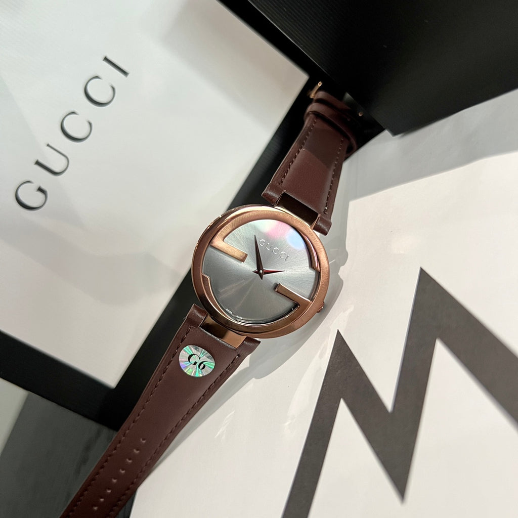 G Cut-Out Logo Rose Gold Women's 37 mm Watch – Brown Leather Strap