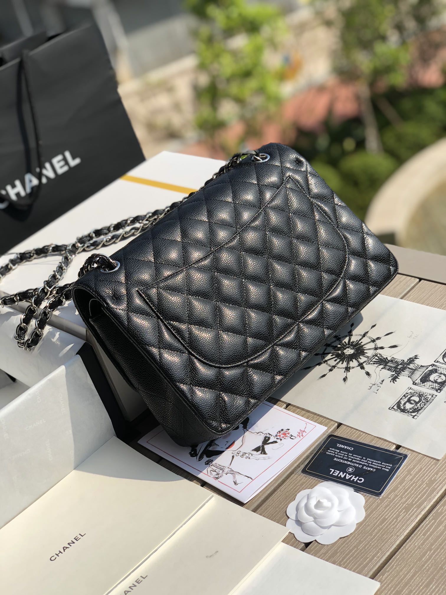 3.55 Large Caviar Leather Classic Double Flap Bag - Silver hardware