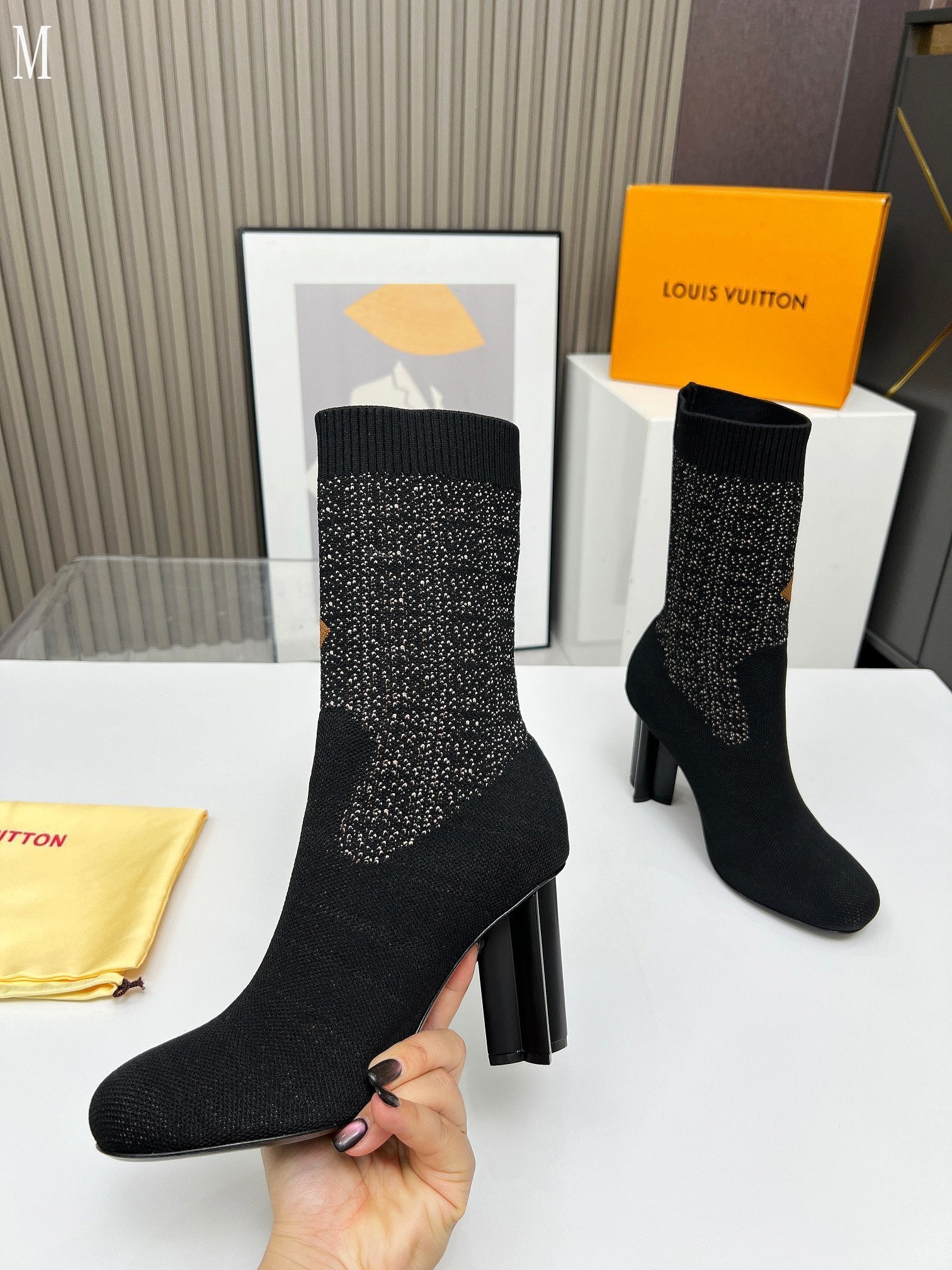 Monogram Knit Block Heel Boots