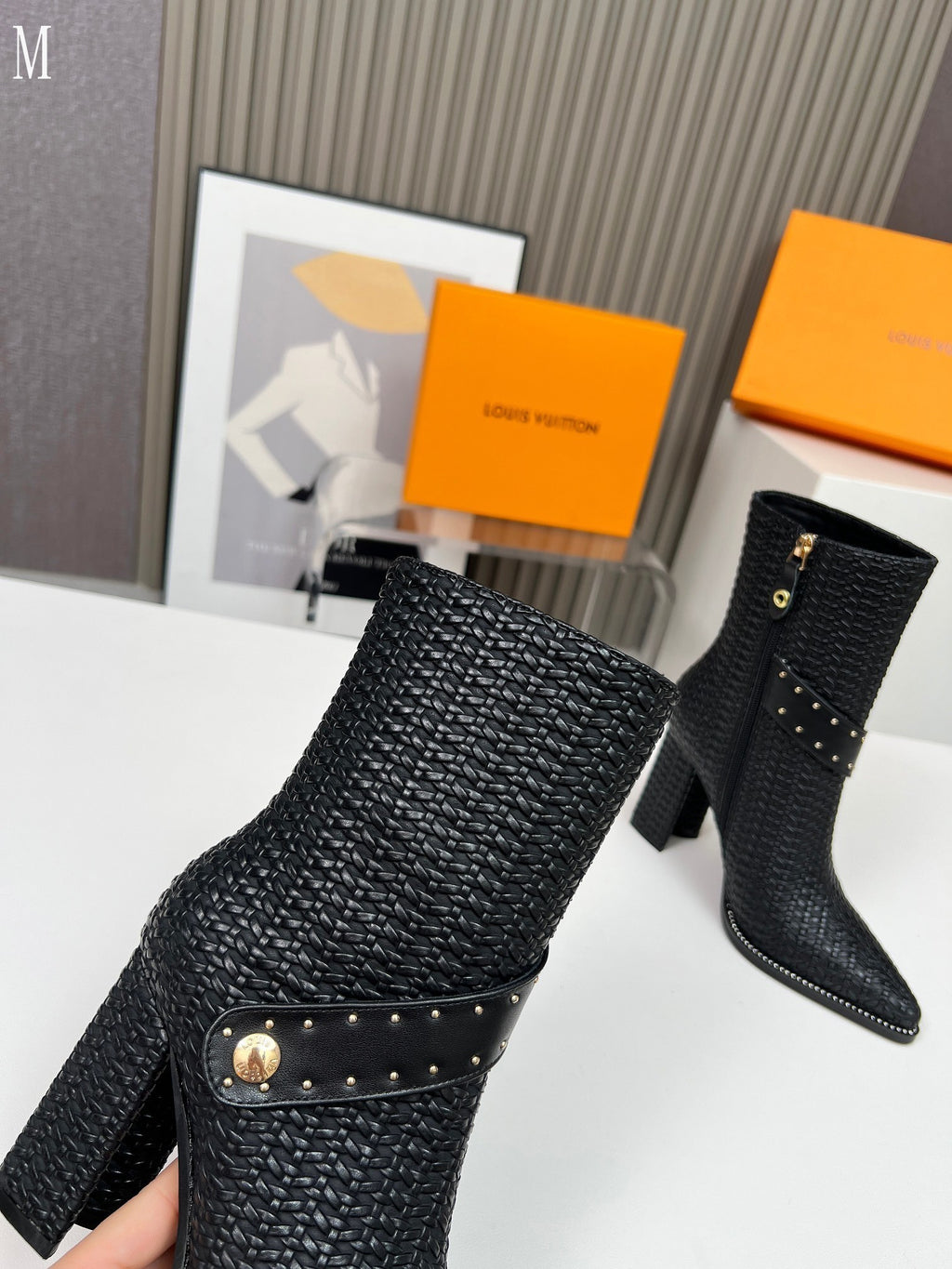 Knit & Leather Block Heel Ankle Boots