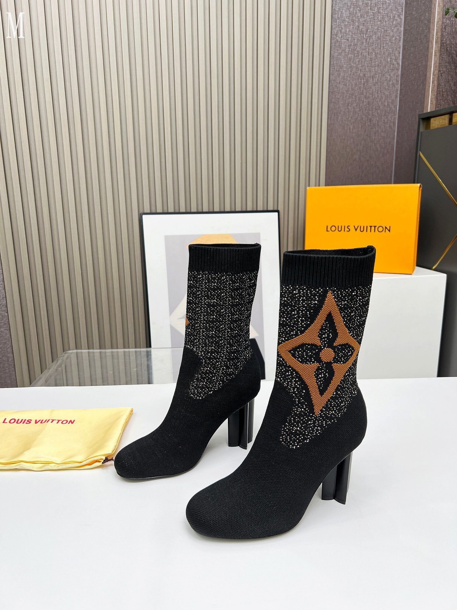 Monogram Knit Block Heel Boots