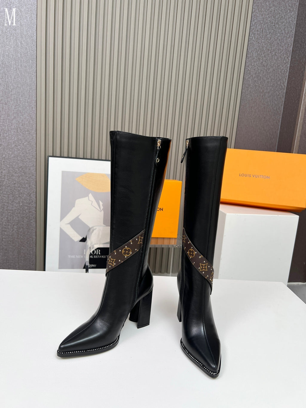 Leather & Knit Chain Detail Knee-High Boots
