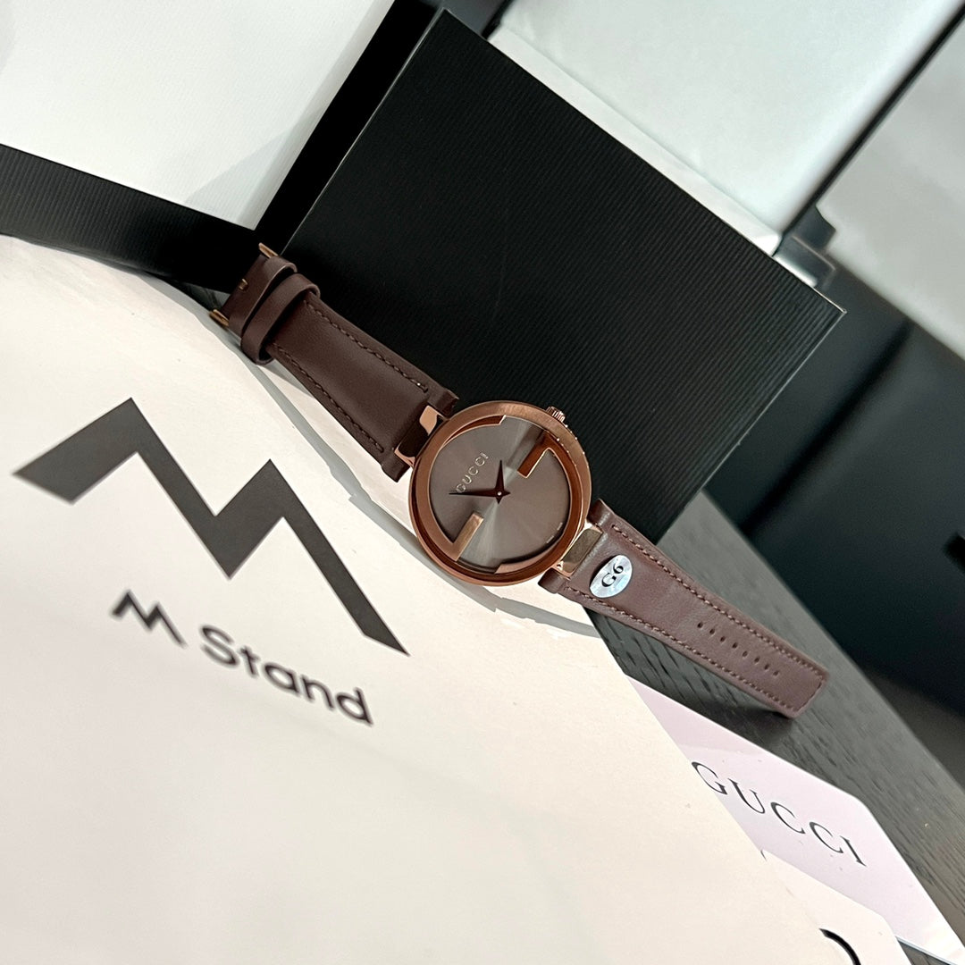 G Cut-Out Logo Rose Gold Women's 37 mm Watch – Brown Leather Strap