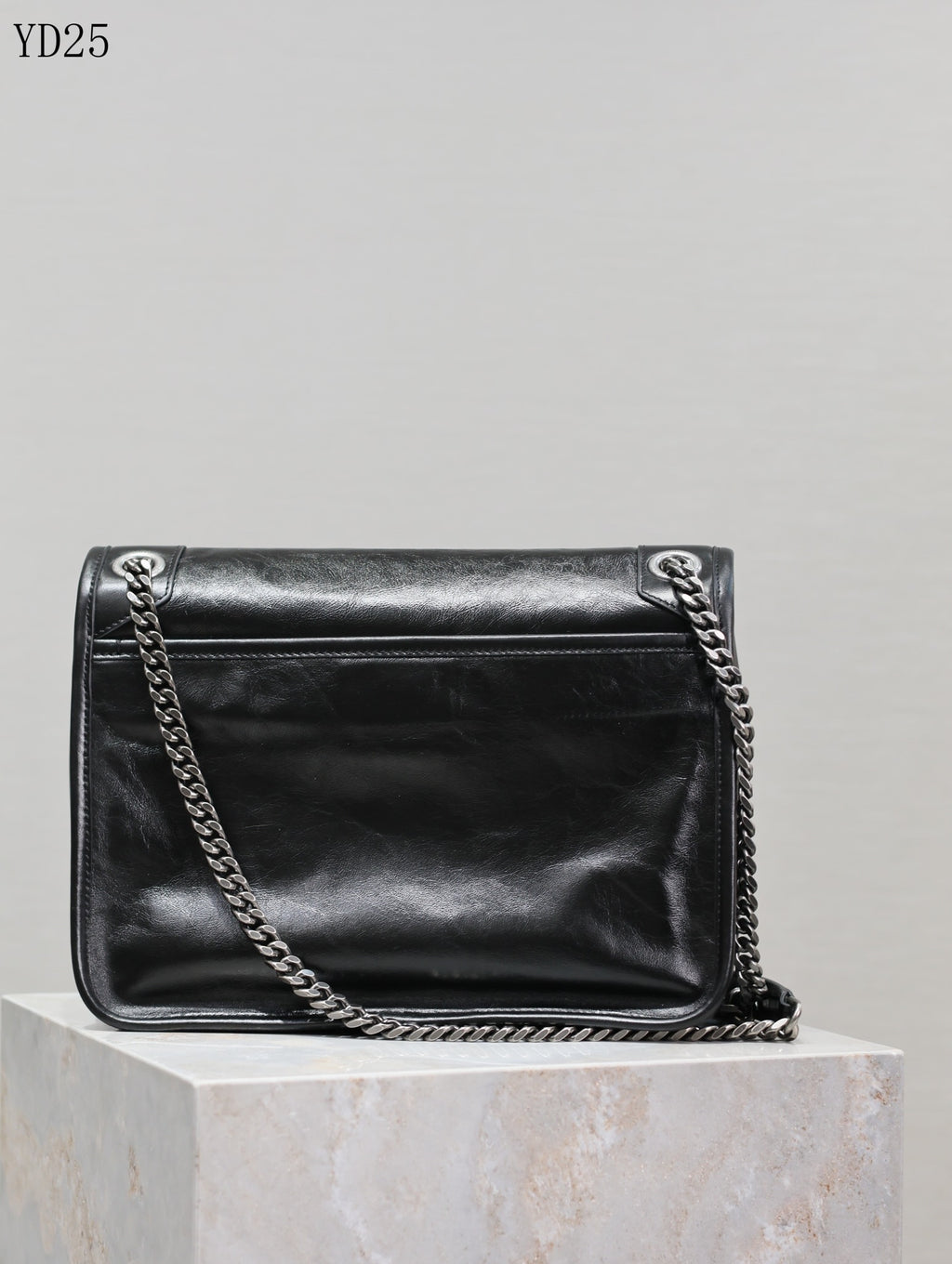 Niki Shoulder Bag - Black Crinkle Leather with Gunmetal Chain