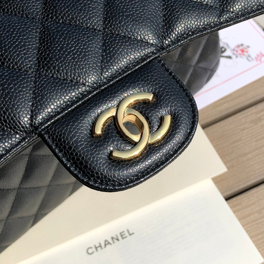 3.55 Large Caviar Leather Classic Double Flap Bag - Gold hardware