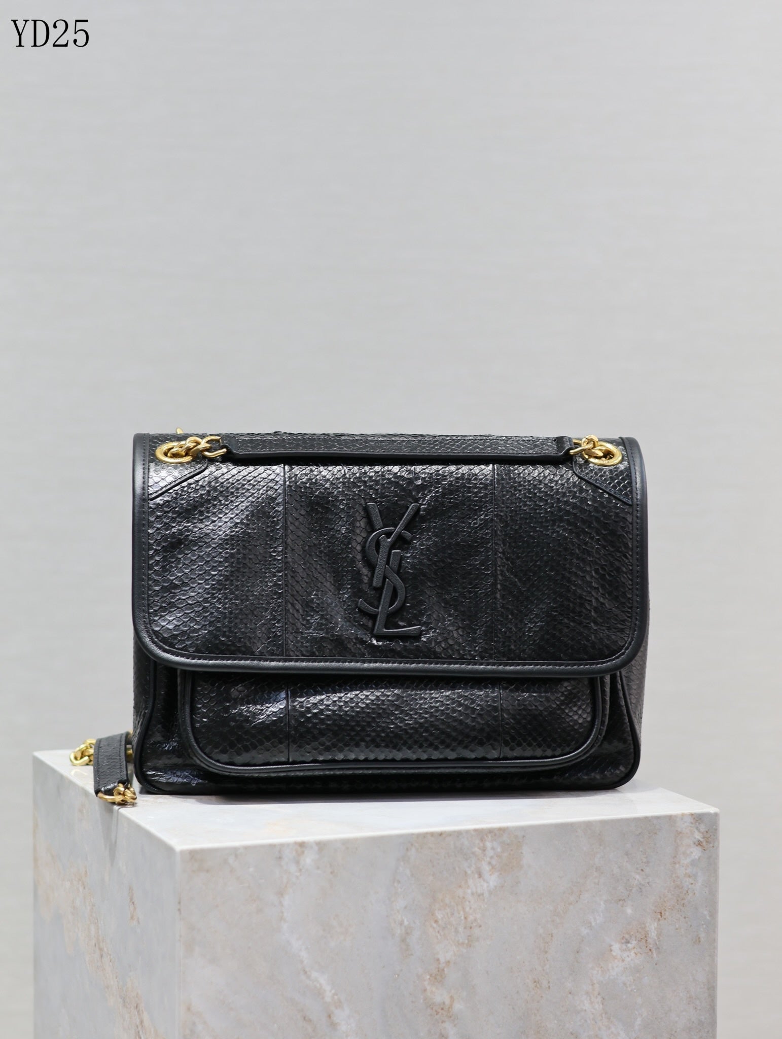 Niki Black Python-Textured Leather Shoulder Bag - 28 cm