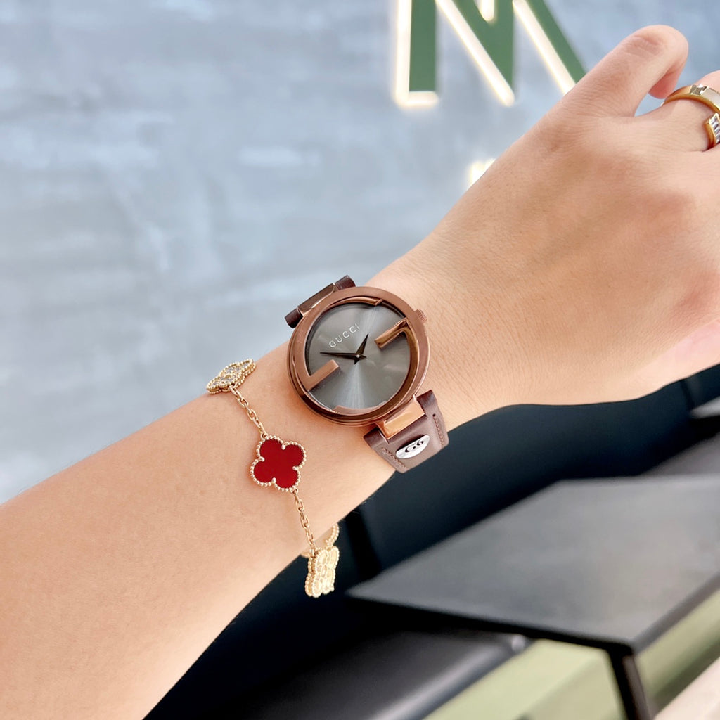 G Cut-Out Logo Rose Gold Women's 37 mm Watch – Brown Leather Strap