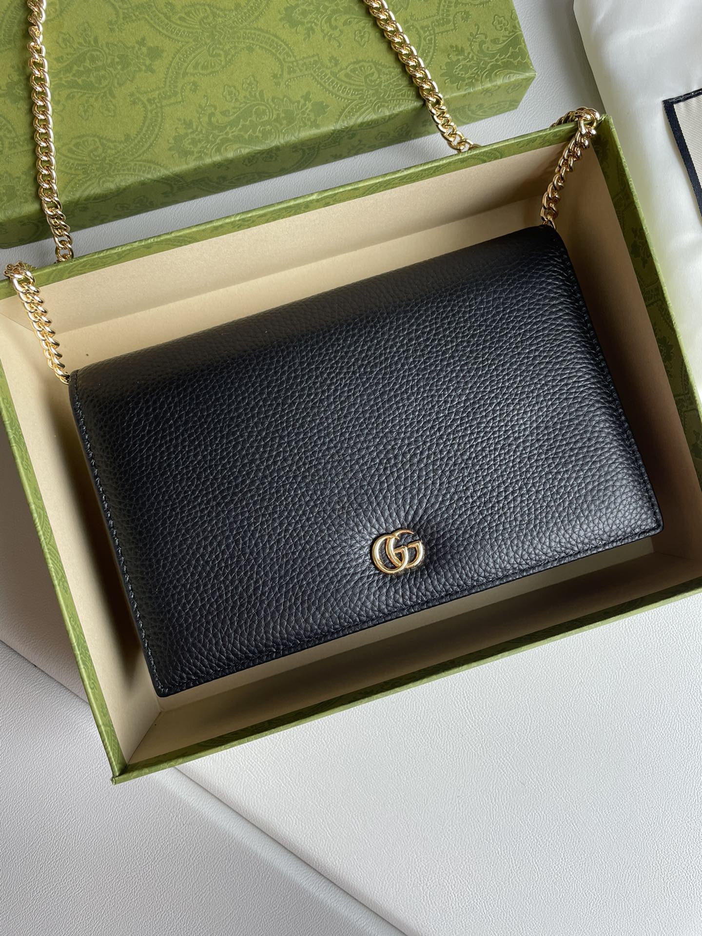 GG Marmont Pebbled Leather Wallet on Chain