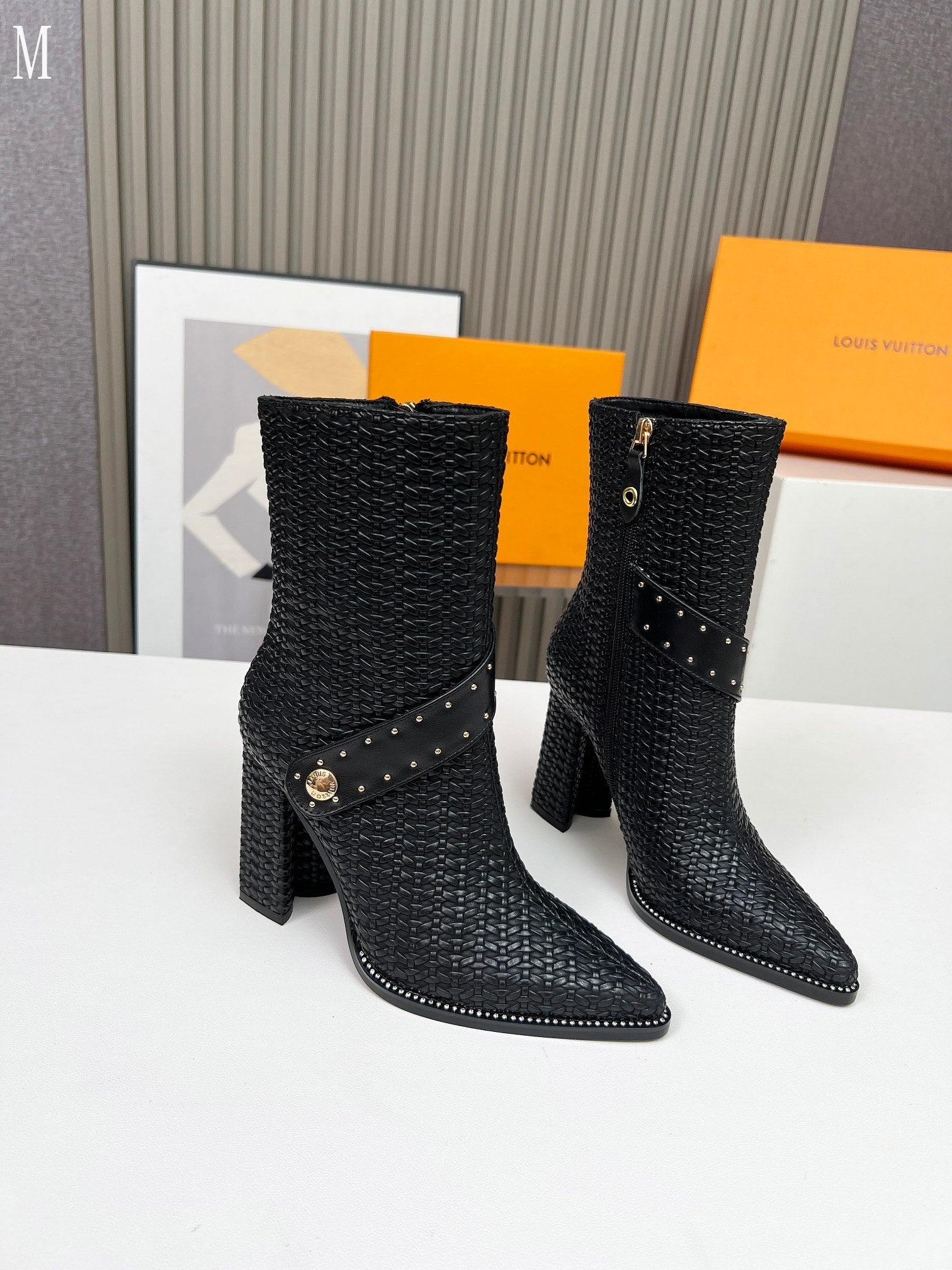 Knit & Leather Block Heel Ankle Boots