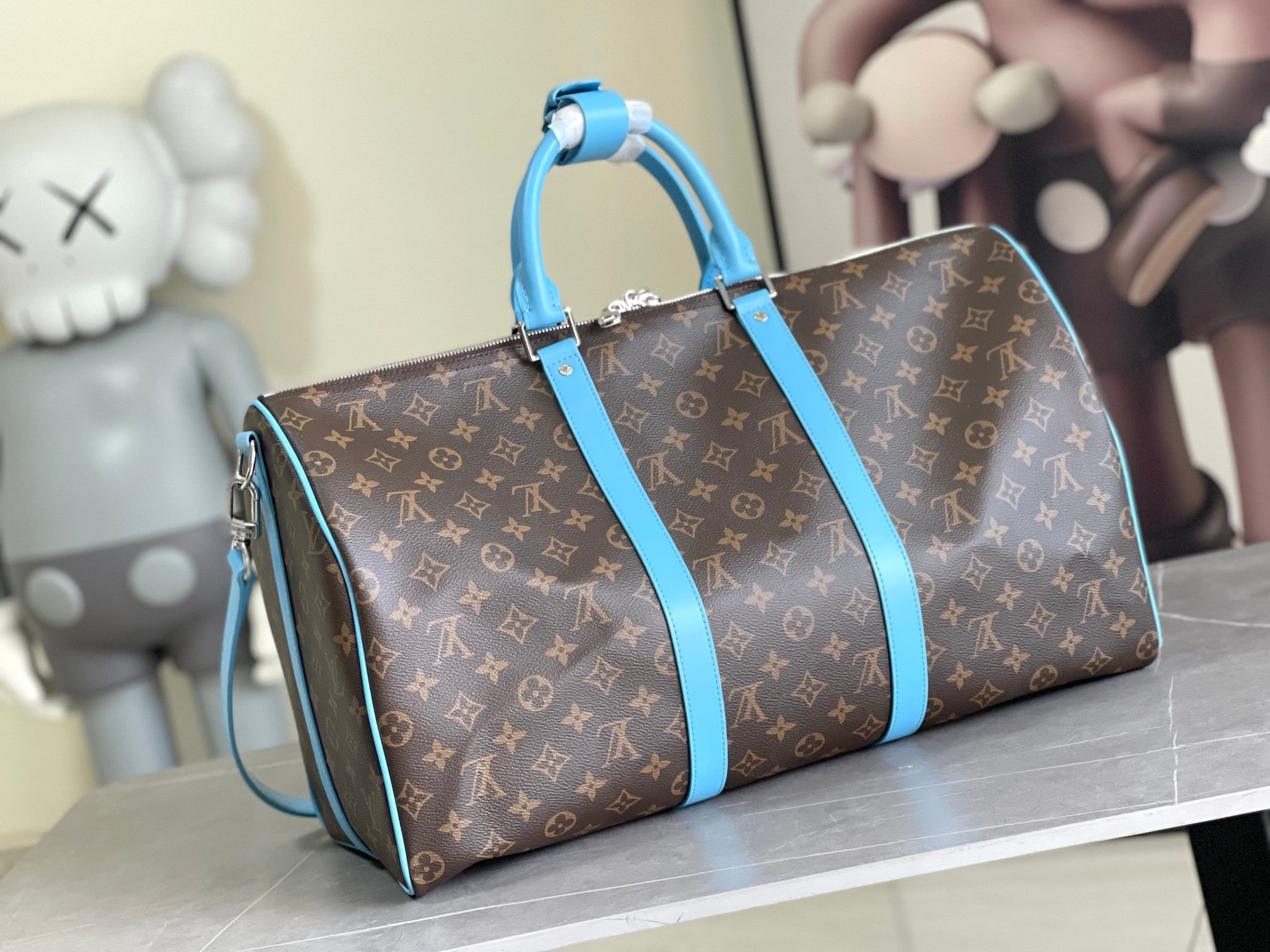 Keepall Bandoulière 50 – Monogram Canvas with Sky Blue Leather Trim