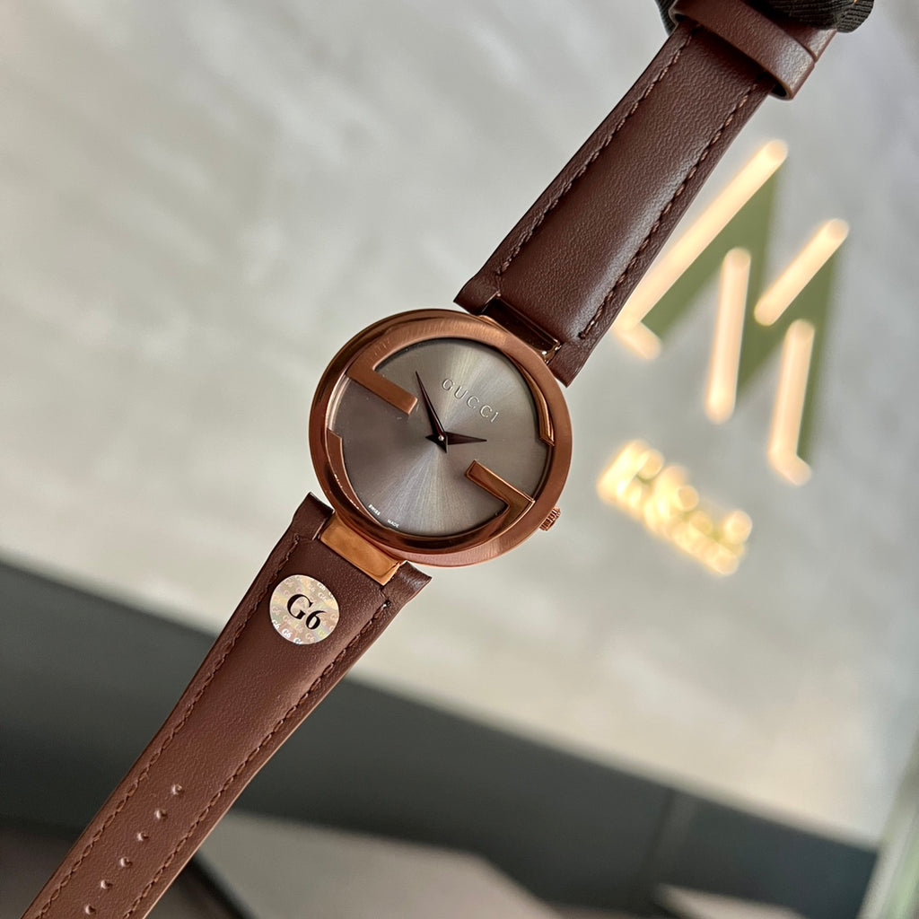 G Cut-Out Logo Rose Gold Women's 37 mm Watch – Brown Leather Strap