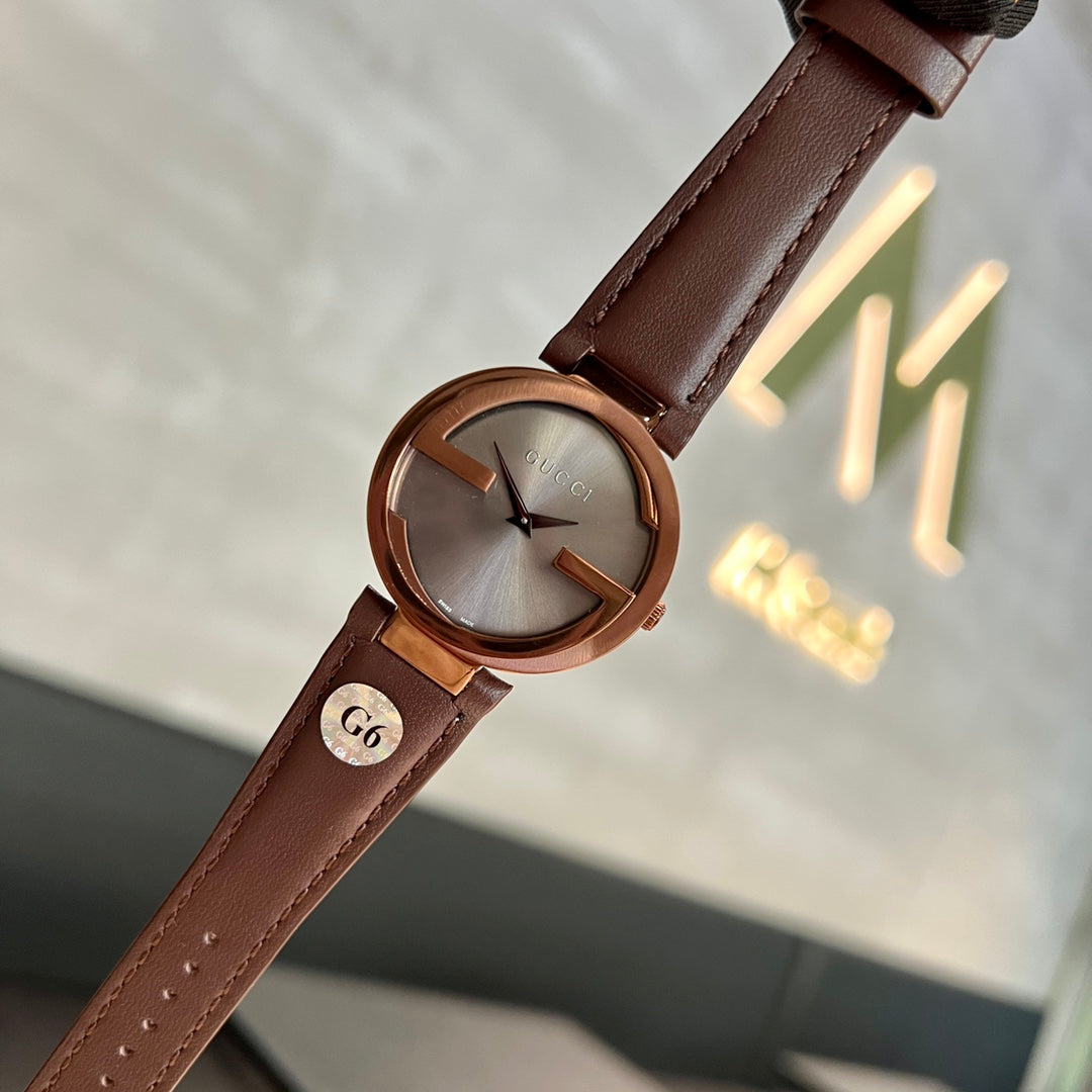 G Cut-Out Logo Rose Gold Women's 37 mm Watch – Brown Leather Strap