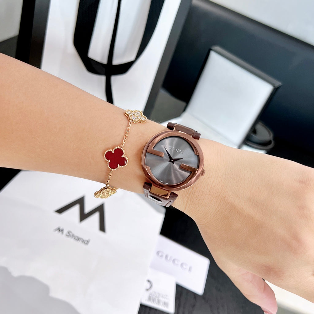 G Cut-Out Logo Rose Gold Women's 37 mm Watch – Brown Leather Strap