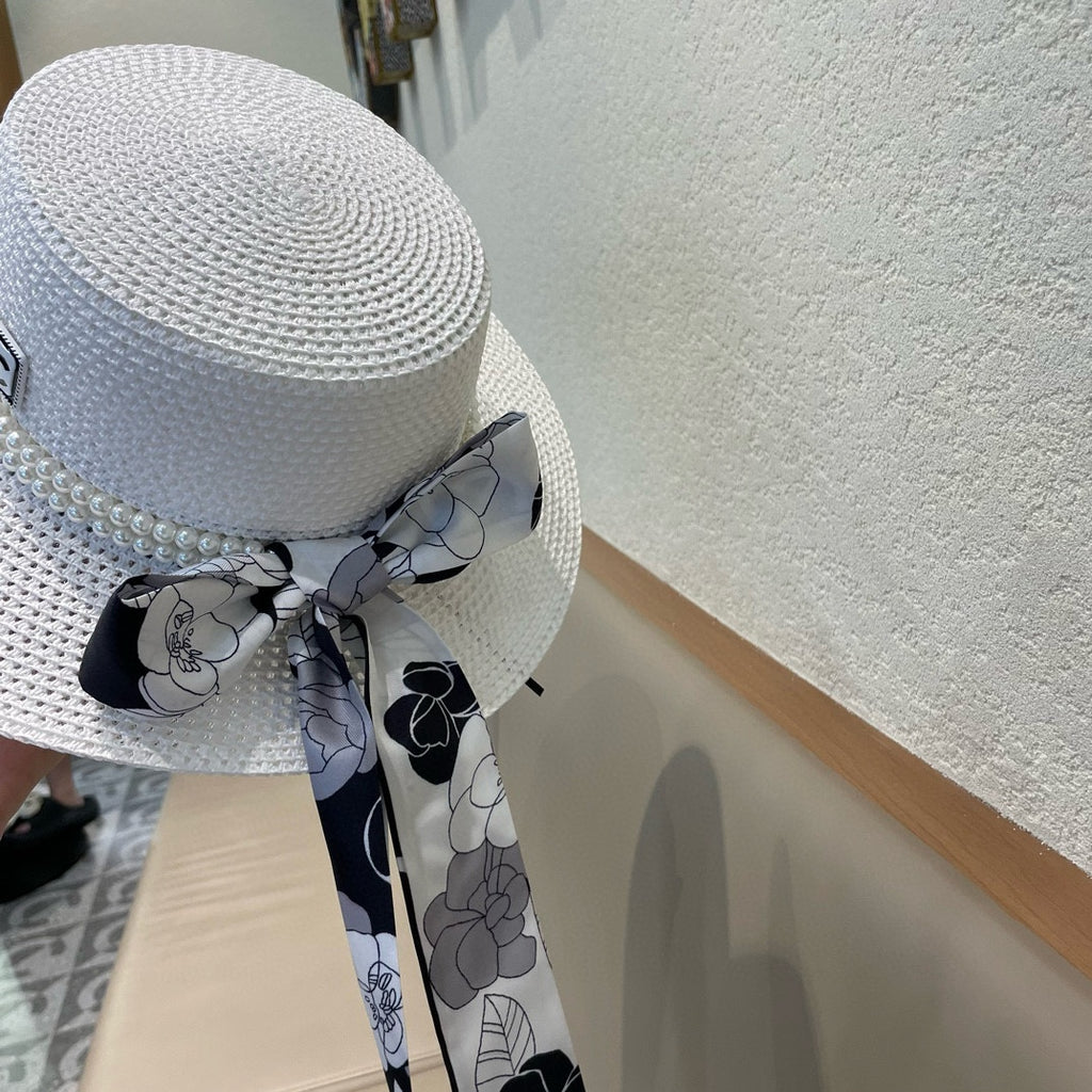 Woven Straw Hat with Pearl Band and Silk Bow Detail
