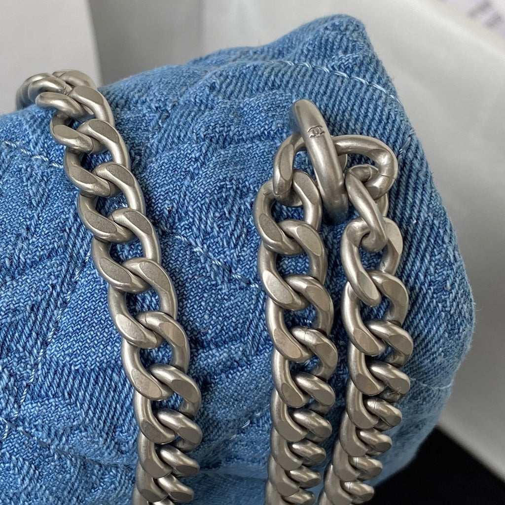 Mini Flap Bag in Quilted Denim with Silver-Tone Chain