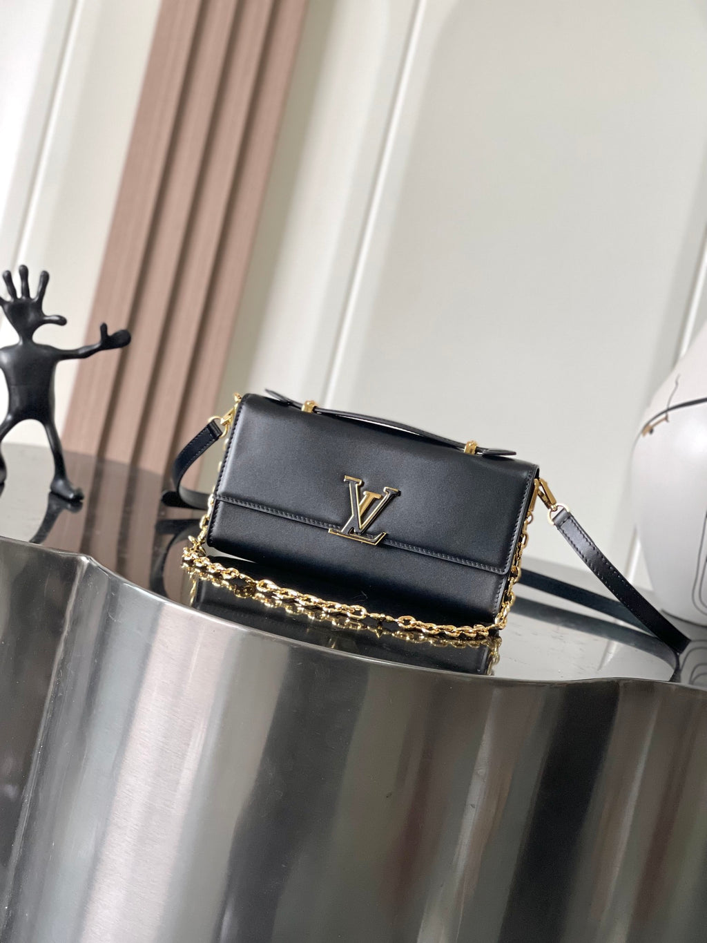 Capucines Wallet On Chain in Black Leather with Gold Chain