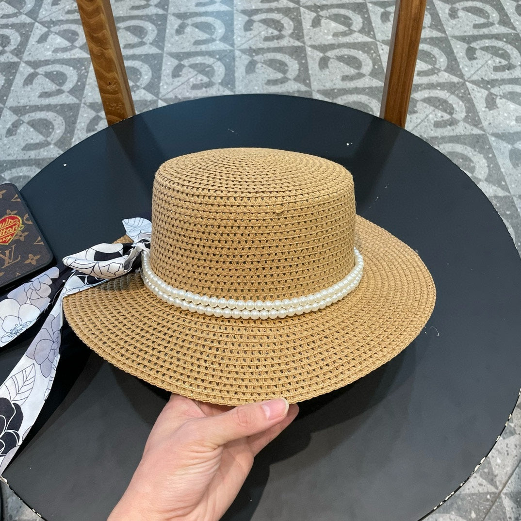 Woven Straw Hat with Pearl Band and Silk Bow Detail
