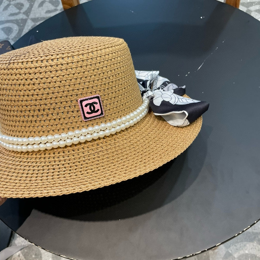 Woven Straw Hat with Pearl Band and Silk Bow Detail