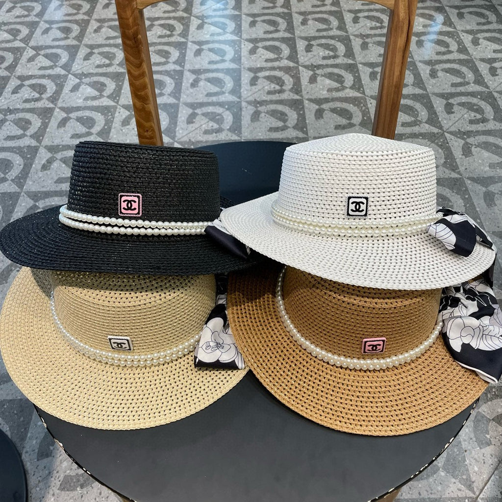 Woven Straw Hat with Pearl Band and Silk Bow Detail