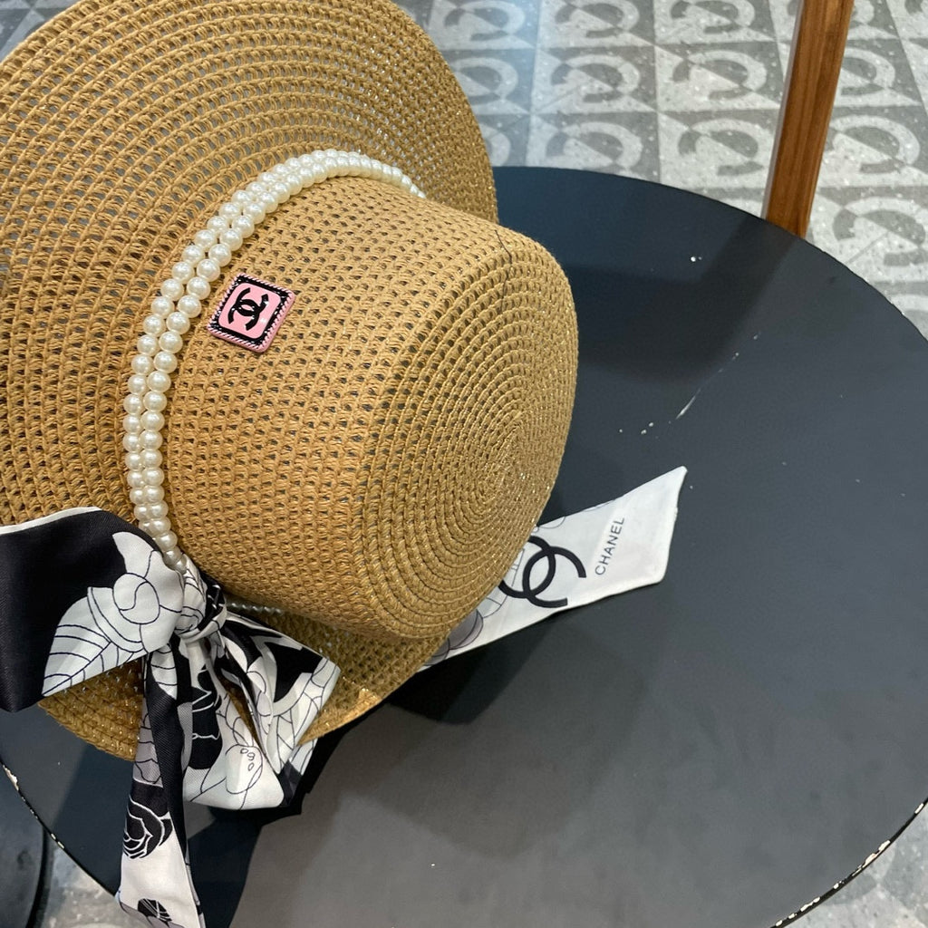 Woven Straw Hat with Pearl Band and Silk Bow Detail