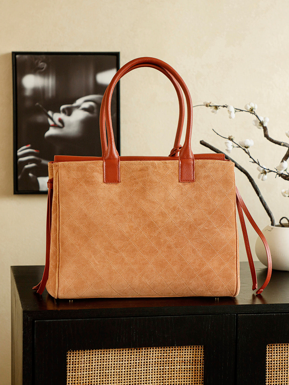 Suede & Leather Boston Top Handle Bag