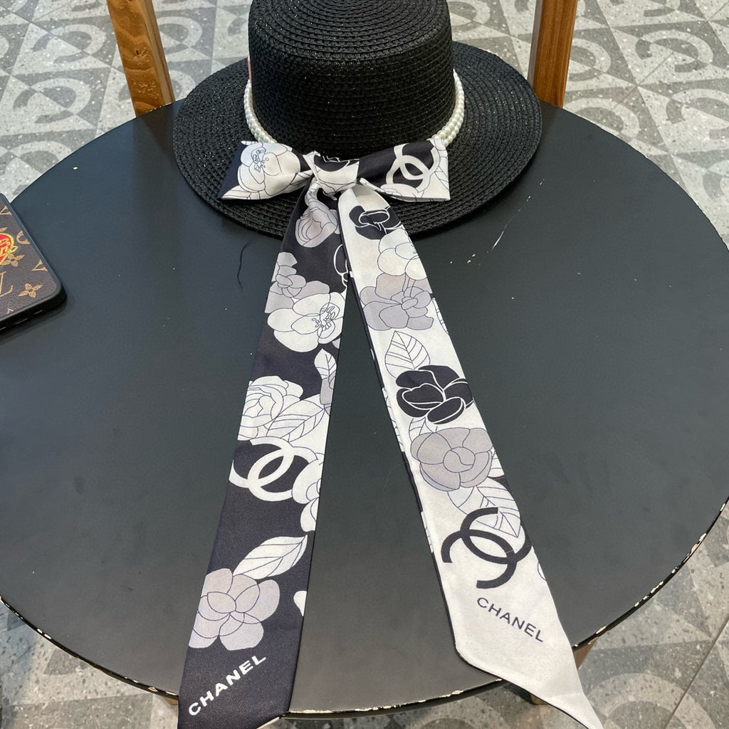 Woven Straw Hat with Pearl Band and Silk Bow Detail