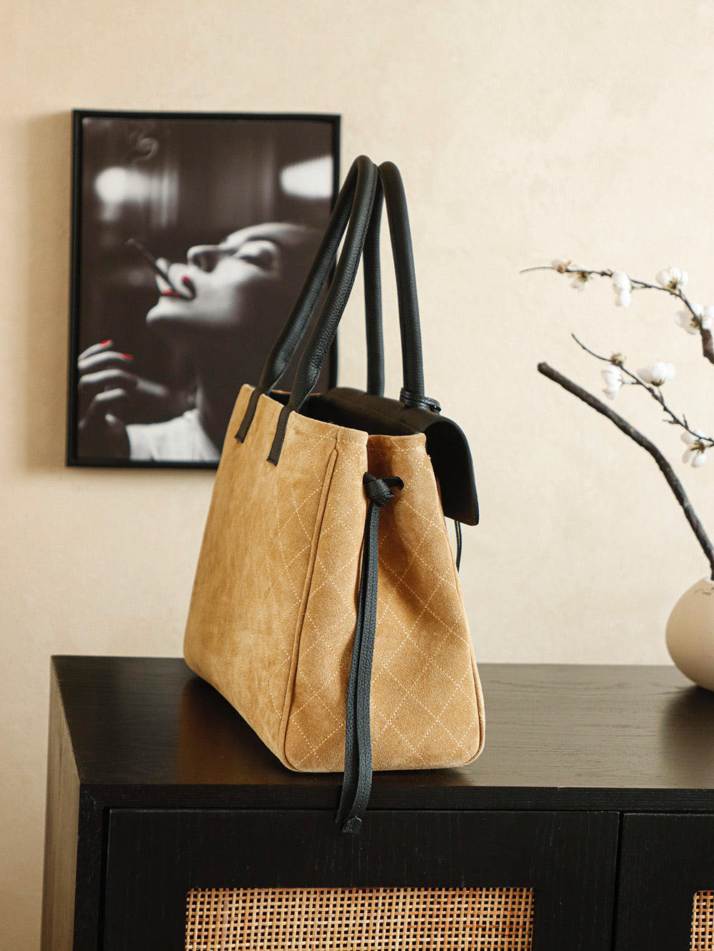 Suede & Leather Boston Top Handle Bag