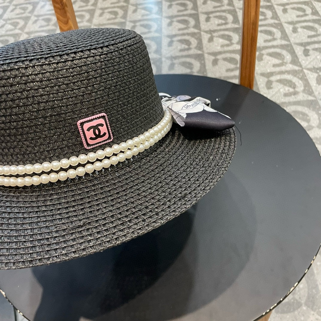 Woven Straw Hat with Pearl Band and Silk Bow Detail