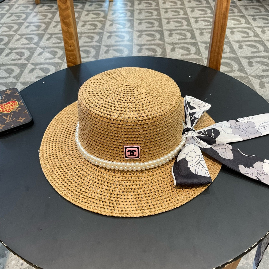 Woven Straw Hat with Pearl Band and Silk Bow Detail
