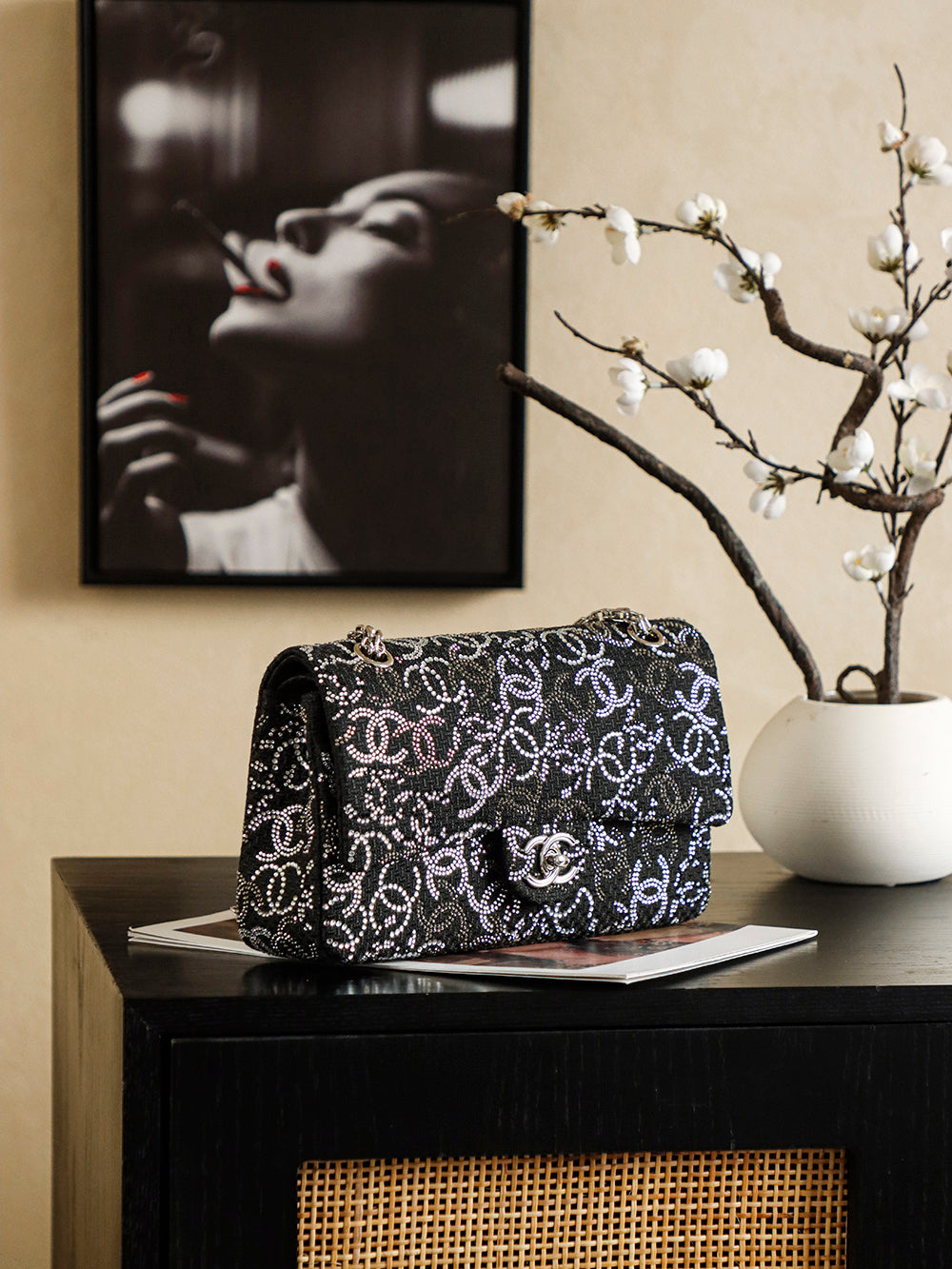 Crystal-Embellished Classic Flap Chain Shoulder Bag