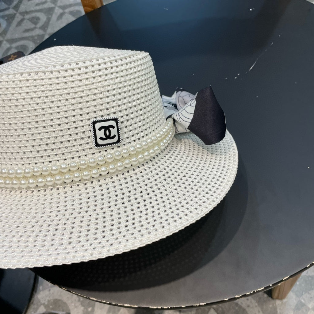 Woven Straw Hat with Pearl Band and Silk Bow Detail