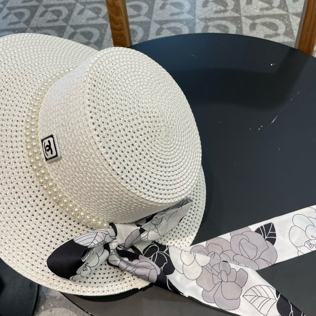 Woven Straw Hat with Pearl Band and Silk Bow Detail